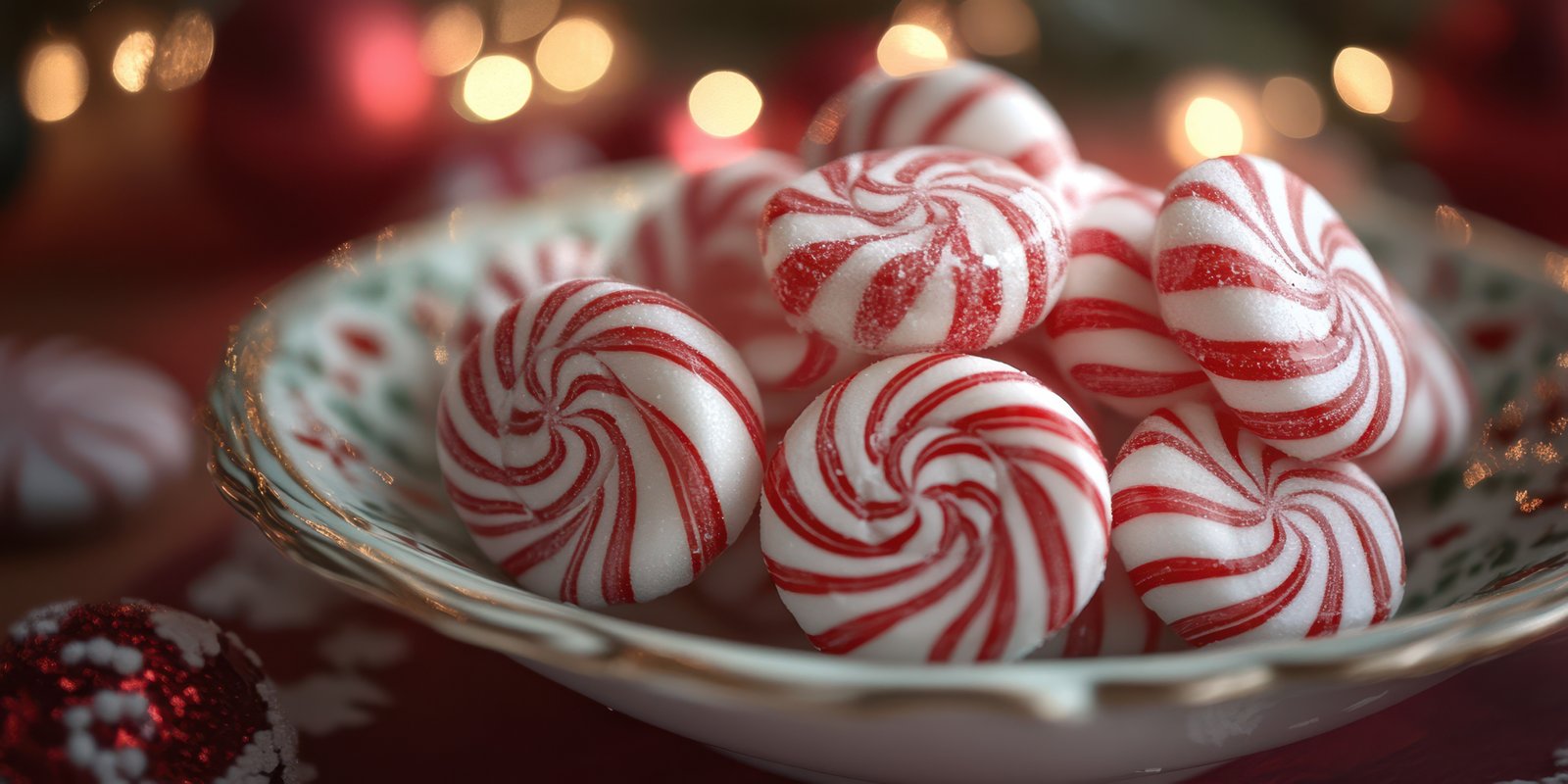 Festive peppermint candies arranged beautifully on a decorative plate during holiday celebrations